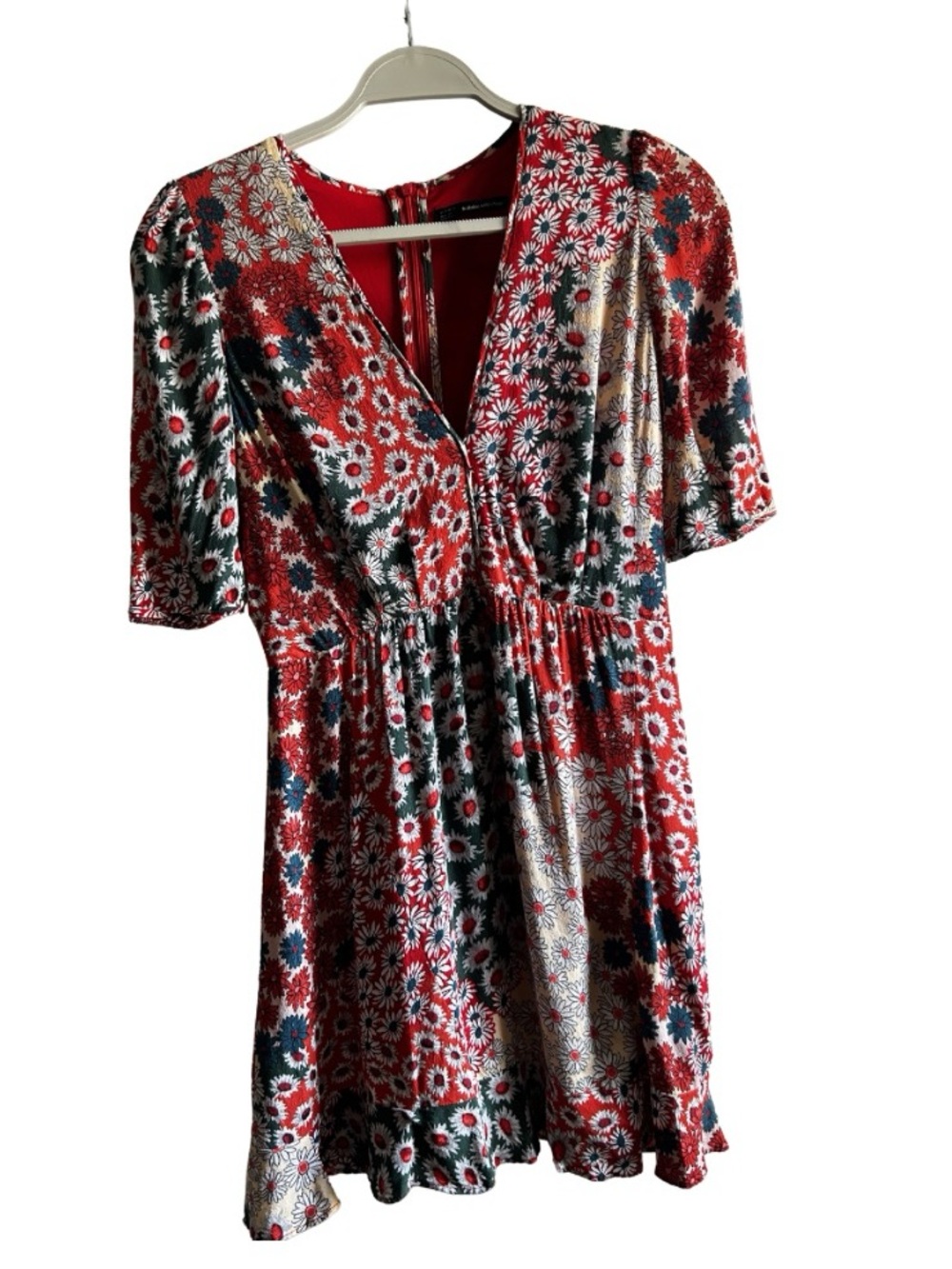 Red Floral V-Neck Short Sleeve Mini Dress
